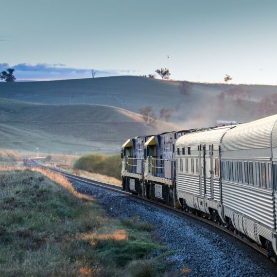 train rolling through the countryside